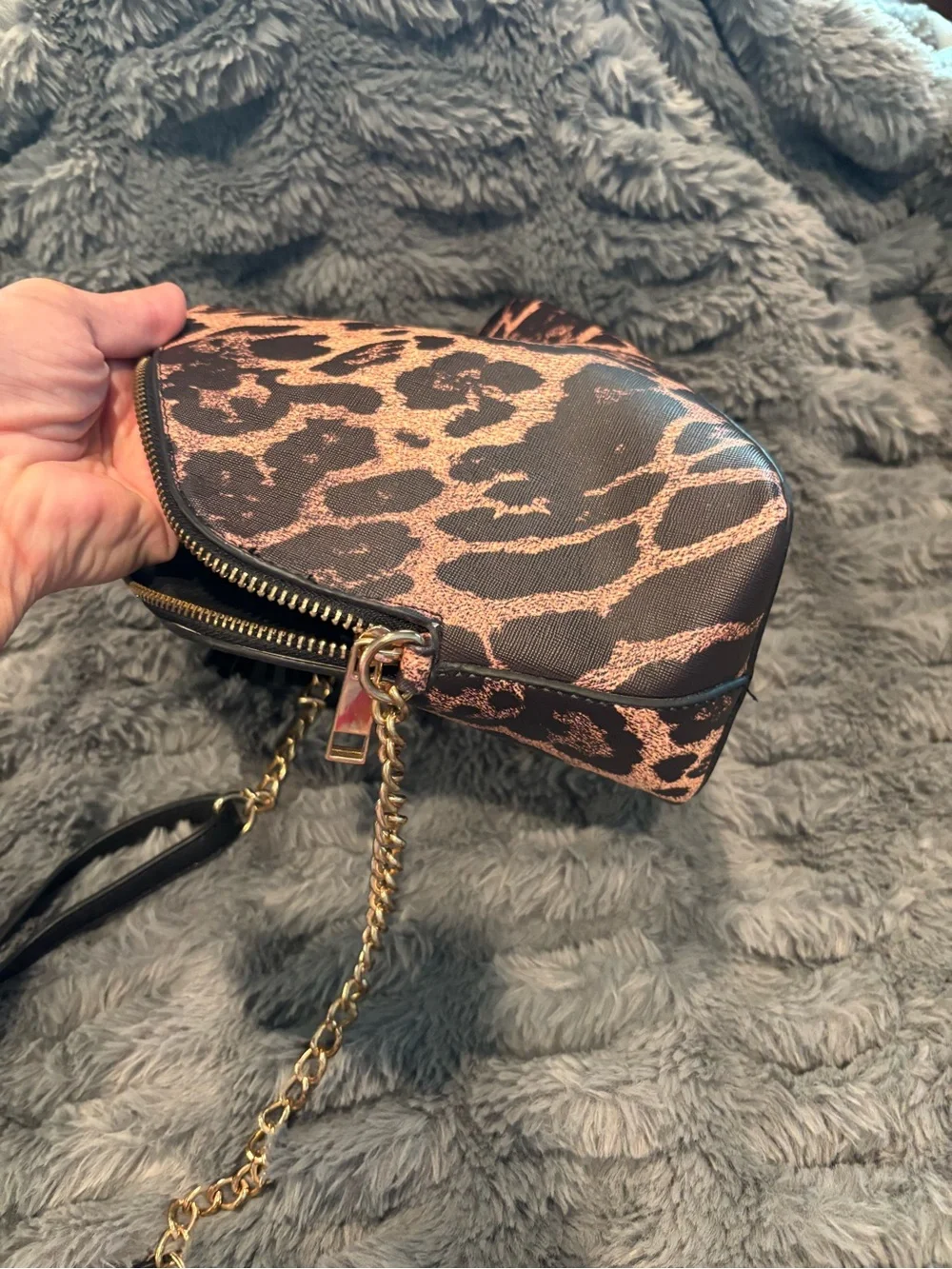 Aldo Black & Brown Leopard Print Crossbody with Gold Chain